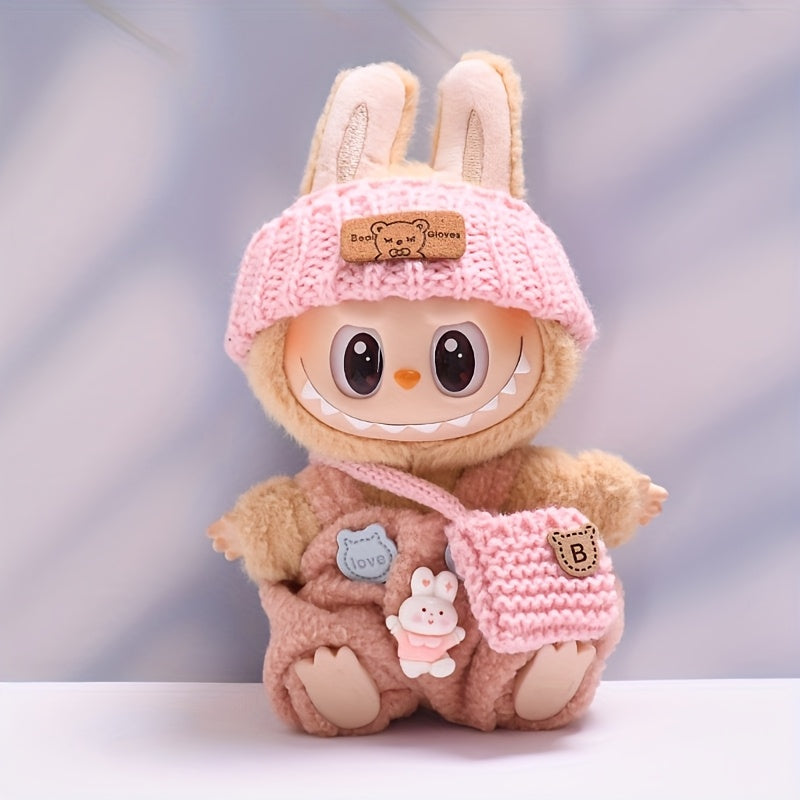 [3pcs Labubu Fashion Set] 3pcs Handcrafted Crochet Labubu Fashion Set | Cute Clothes, Bag, Hat with "Be Happy" Tag | Durable Polyester, Perfect for Birthdays, Anniversaries & Holidays, Festive Gift Item, Playful Design, Labubu Accessories