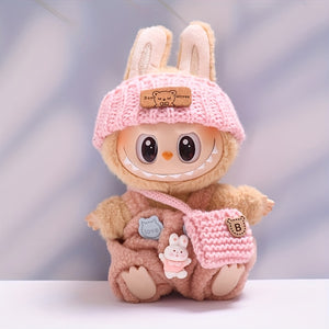 [3pcs Labubu Fashion Set] 3pcs Handcrafted Crochet Labubu Fashion Set | Cute Clothes, Bag, Hat with "Be Happy" Tag | Durable Polyester, Perfect for Birthdays, Anniversaries & Holidays, Festive Gift Item, Playful Design, Labubu Accessories