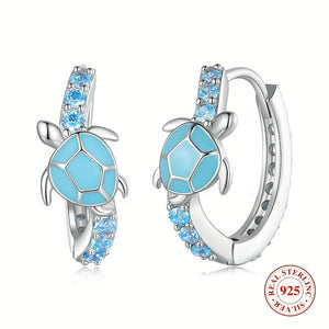 Sterling 925 Silver Jewelry Cute Turtle Design Blue Hoop Earrings With Shiny Zircon Decor Creative Female Gift