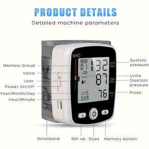 Rechargeable Digital Wrist Blood Pressure Monitor - 2X99 Memory Readings, Large LCD Display, Voice Broadcast, Portable & Lightweight Design, 300Mah Battery (Lasts 15-20 Days), USB Charging, WHO Health Indicator, Ideal for Home Use & Health Tracking