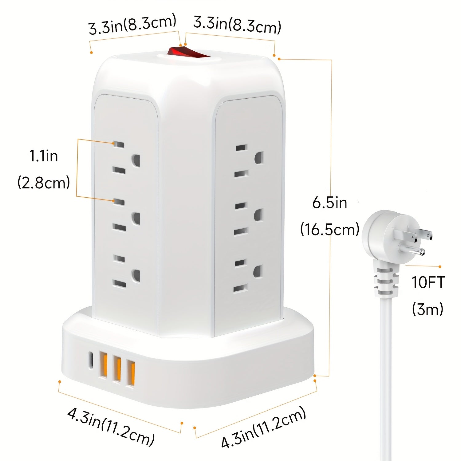 Power Strip Tower Surge Protector, Desktop Charging Station, 10ft Extension Cord, 3-Prong, Grounded, with 12 AC Outlets, 4 USB Ports, Multiple Protections for Home, Office, Dorm Room, Black And White