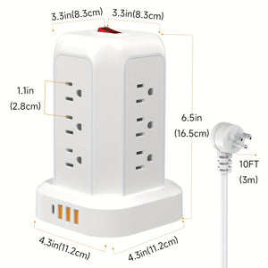 Power Strip Tower Surge Protector, Desktop Charging Station, 10ft Extension Cord, 3-Prong, Grounded, with 12 AC Outlets, 4 USB Ports, Multiple Protections for Home, Office, Dorm Room, Black And White