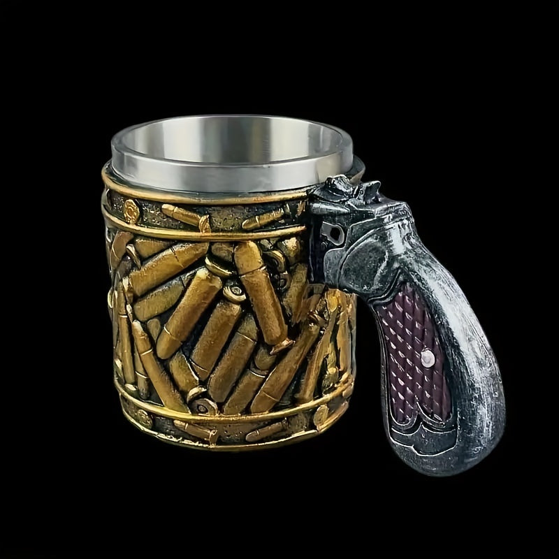 1pc, Pistol Beer Mug With Bullet Shell Decoration, Men's Stainless Steel Beer Mugs, Tea Or Coffee Cup, 450ml / 15.2oz