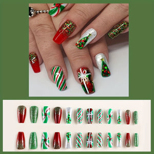 24pcs Glossy Medium Ballerina Fake Nails, Red Green Press On Nails With Glitter Stripe Christmas Tree Design, Shiny Sequin False Nails For W