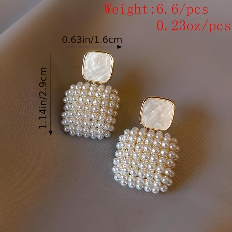 Rice Faux Pearl White Square Pendant Drop Earrings 18K Gold Plated  Simple Design Jewelry For Women Girls Gift 1Pair