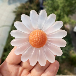 1PC Natural Crystal Transparent Gypsum Daisy Carving Pieces Hand Carved Nitrite Gypsum Flower Handicraft Ornaments