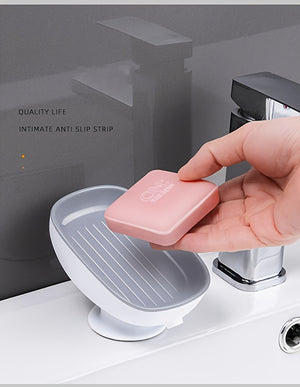 Wall-Mounted Soap Dish with Adjustable Angle - Punch-Free, Suction Cup Installation, Oval Plastic Holder with Drainage for Bathroom