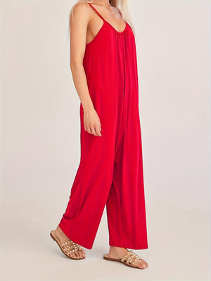 Women'S Solid Color Slip Pocket Loose Suspender Jumpsuit