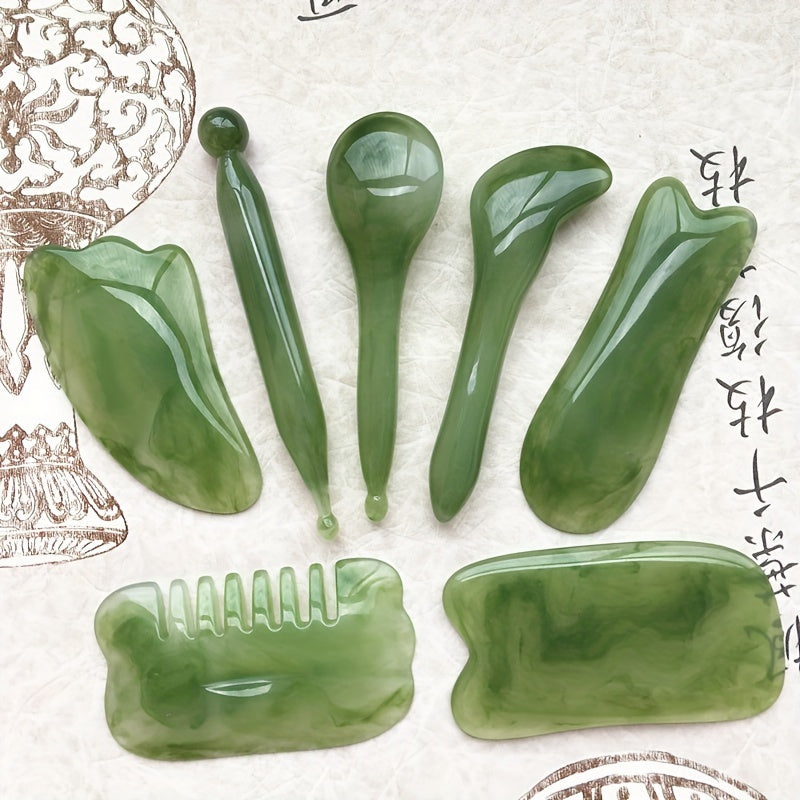 7pcs Natural Resin Gua Sha Set, Traditional Chinese Scraping Massage Tools, for Facial, Back, and Neck, Muscle Relaxation, Stress Relief, wi