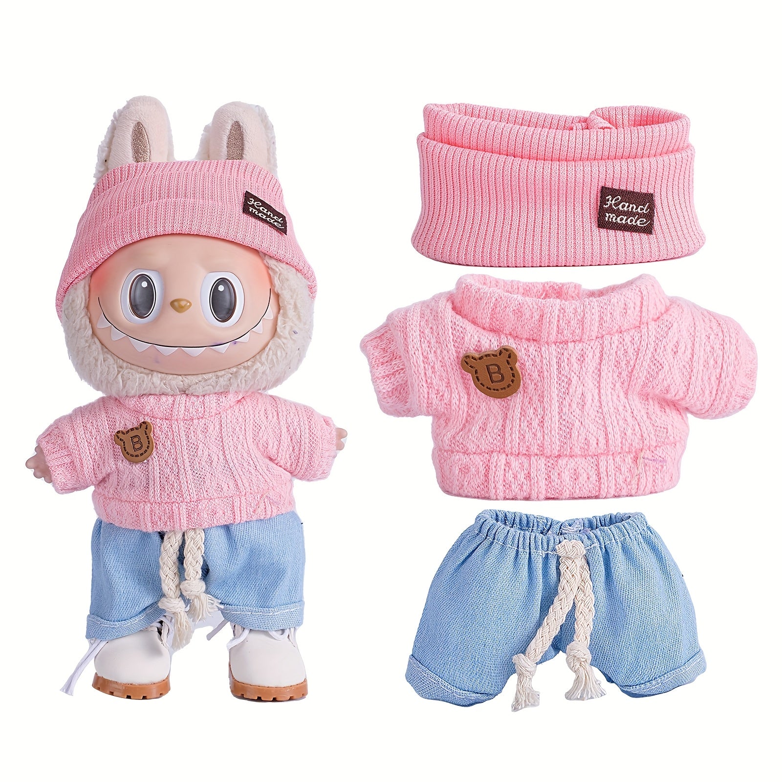 17cm Doll Clothes For Labubu With 3 Outfits - Stylish Fisherman Hat & Sweaters & Pants Or Skirt Set For 17cm Dolls, Adorable Labubu Accessories For Play & Display (Not Included Shoes & Doll)