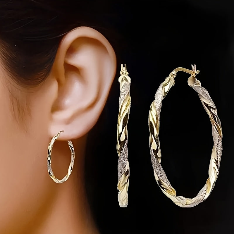 Elegant 14K Gold-Plated Twisted Hoop Earrings - Zinc Alloy, Perfect for Casual Attire & Gifts