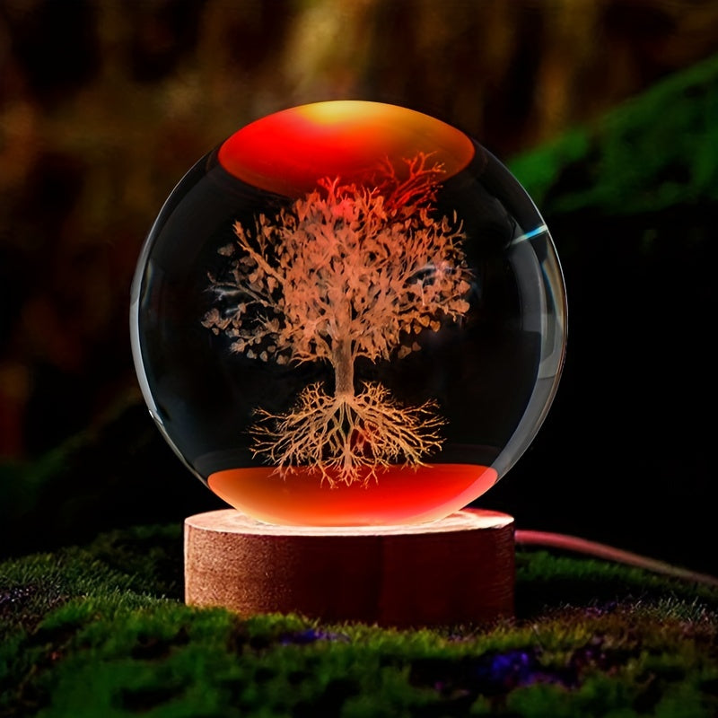 1pc Tree Of Life Crystal Ball Colour Little Night Light, Decorative Birthday And Holiday Gifts, 3D Laser Engraved Glass Plant Life Tree Sphe