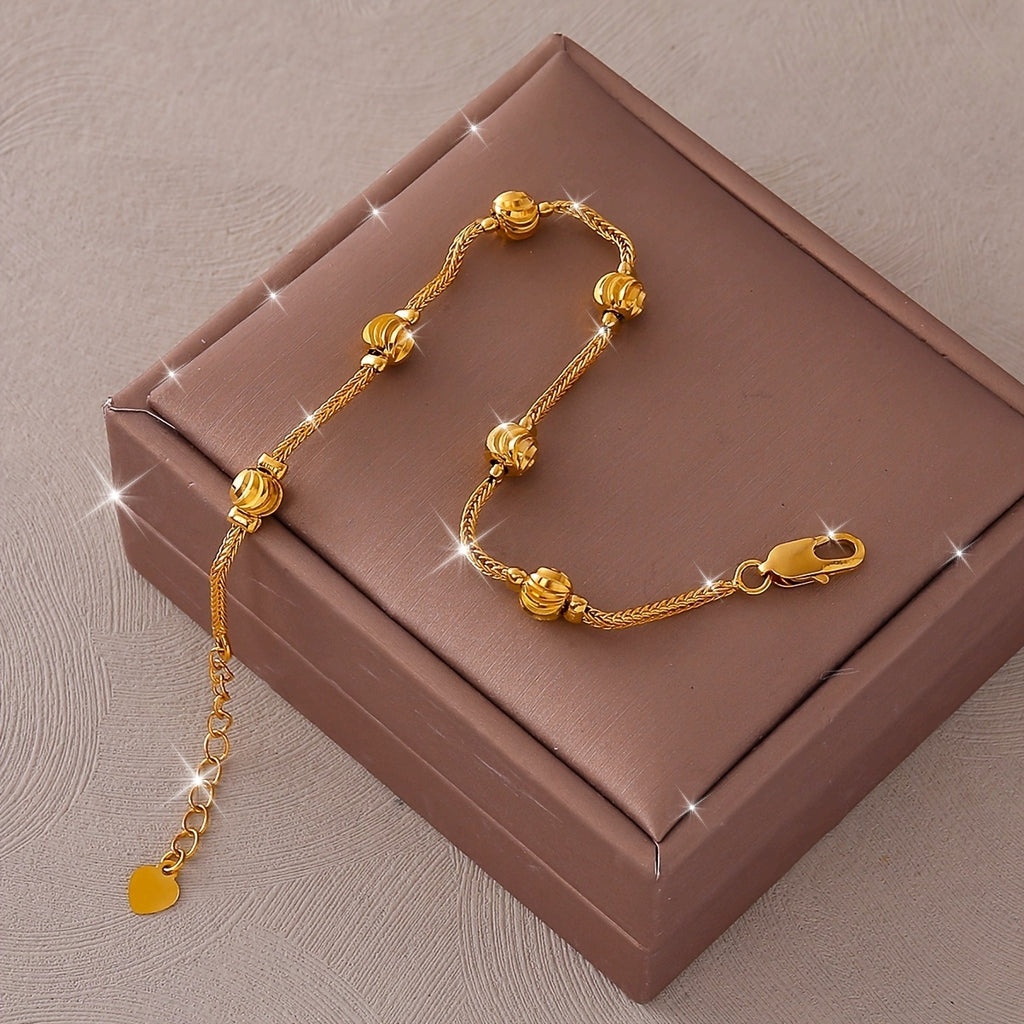 1pc Elegant 24K Gold-Plated Copper Chain Bracelet with Charm Beads - Classic Middle Eastern Style, Ideal for Daily Wear & Parties, Perfect Mother's Day Gift