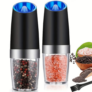 2pcs, Pepper Grinder, Household Sea Salt Ginder, Gravity Electric Adjustable Spice Grinder, Automatic Pepper Mill, Battery Powered With LED