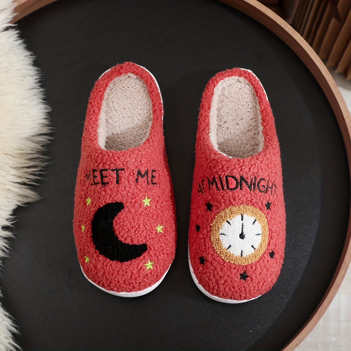 Adorable Moon Clock MEETMEATMIDNIGHT Plush Slippers