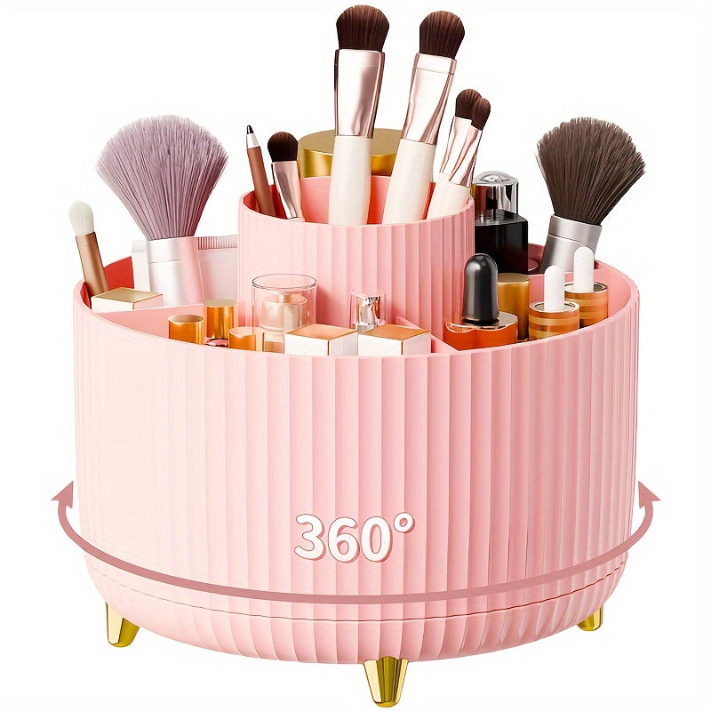 360° Rotating Makeup Organizer - 1pc Plastic Cosmetic Storage with 5 Compartments - Multi-Functional Holder for Brushes, Lipsticks, Skin Car