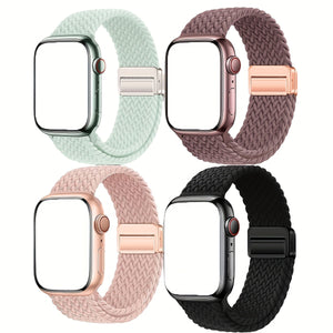 4 Pack Braided Metal Magnetic Buckle Band Compatible with Apple Watch WomenMen 49mm 46mm(2024 $eries 10) 45mm 44mm 42mm, Stretchy Nylon Sport LoopStrap for lWatch Ultra 2/1 Series 10 9 8 SE7 6 5 4 3 2 1