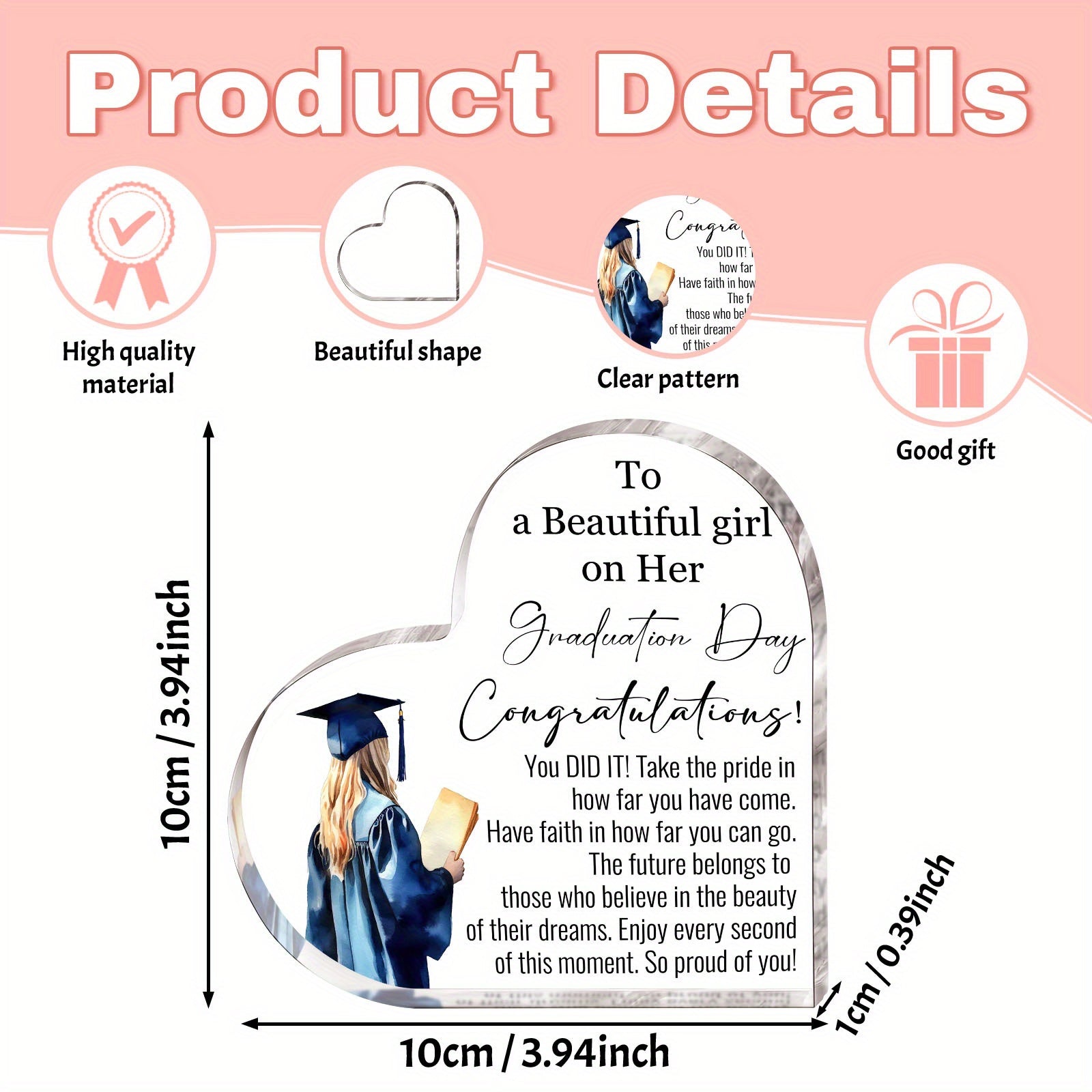 2D Flat 1pc Graduation Gift - Acrylic Heart Gift - Graduation Decor, Good Wishes, Acrylic Plaque Gift for High School, College, Graduation Party Gifts