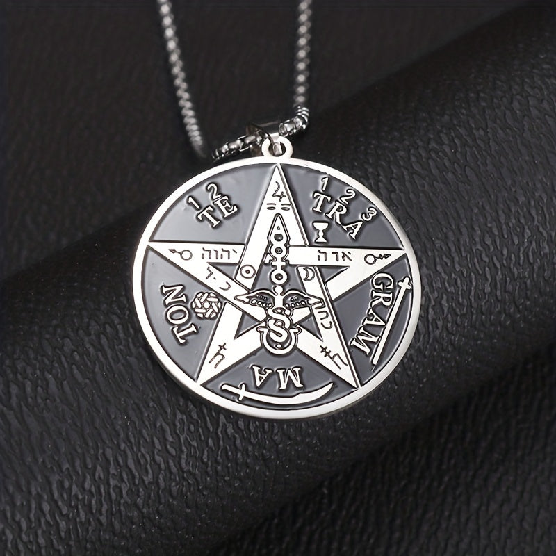 1pc Stainless Steel Angel Amulet Disc Pentagram Seal Label Symbol Graphic Pendant Necklace, Trendy Amulet Jewelry For Men And Women