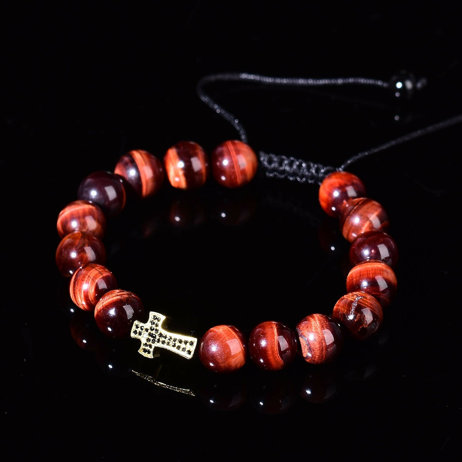 Natural Red Tigers Eye Quartz Healing Crystal Cross Fashion Bracelet Adjustable