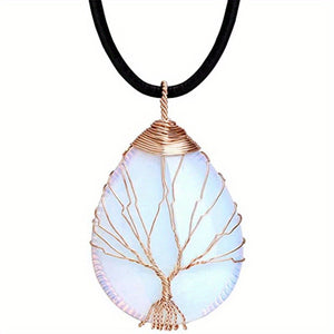 1pc Tree Of Life Teardrop Heart Amethyst Opal Pendant Necklace Copper Wire Wrapped Gemstone Healing Chakra Necklace Choker