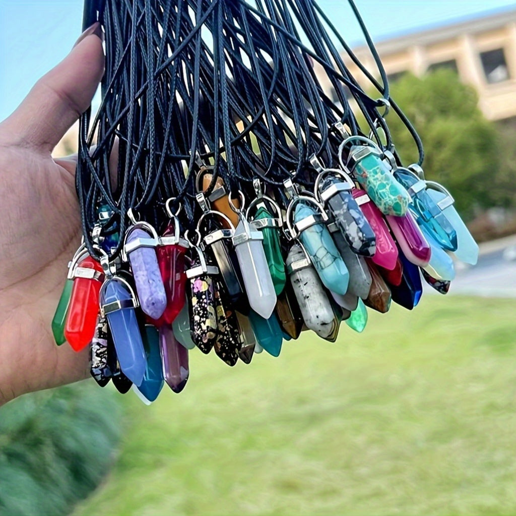 60pcs/30Sets Assorted Mixed Color Hexagonal Shaped Crystal Natural Stone Pendant with Black Leather Necklace Chain for DIY Jewelry Craft Making, Daily Wear &Gift Giving