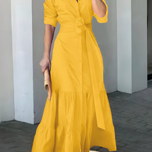 Elegant Maxi Dress with Belt and Ruched Sleeves for Women - Chic Ruffle Trim, Woven Polyester, Ideal for Spring/Fall