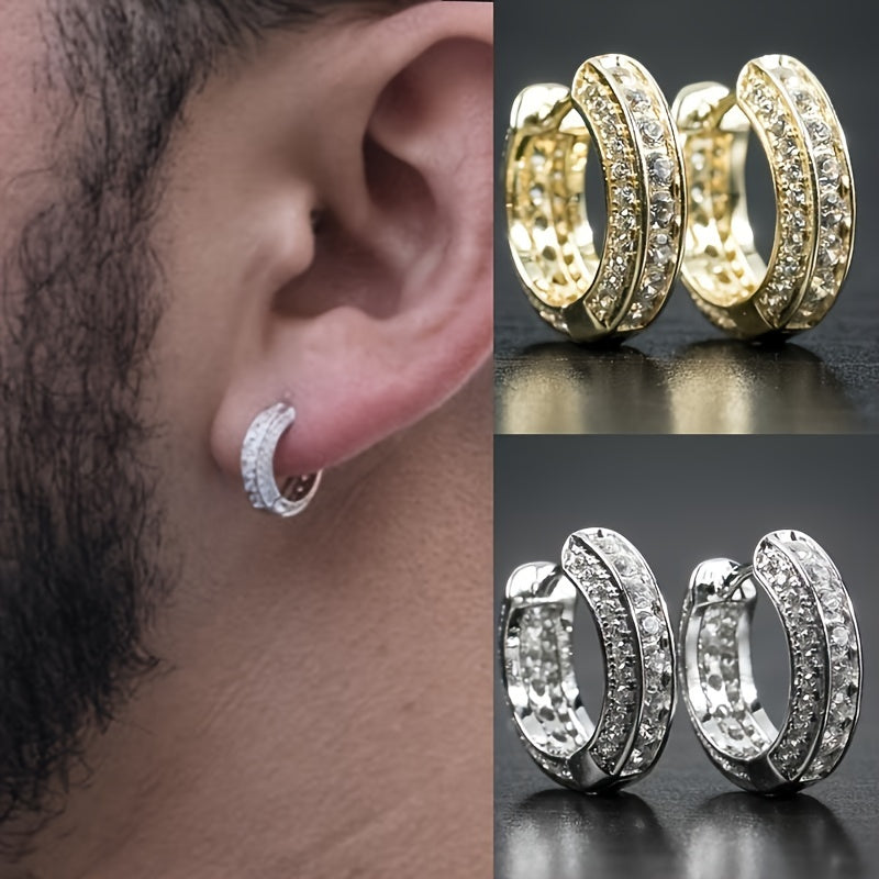 Luxurious And Fashionable Men's Jewelry - 2pcs Crystal Circular Huggie Earrings With Cubic Zirconia, Hypoallergenic Cartilage Cuffs