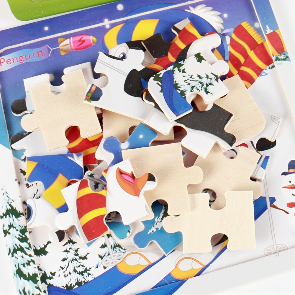 5.79in/14.7cm 20pcs/pack Wooden Puzzle Cartoon Animals Car Letter Number Pattern Jigsaw Puzzles Game, Kids Educational Learning Toys For Chi