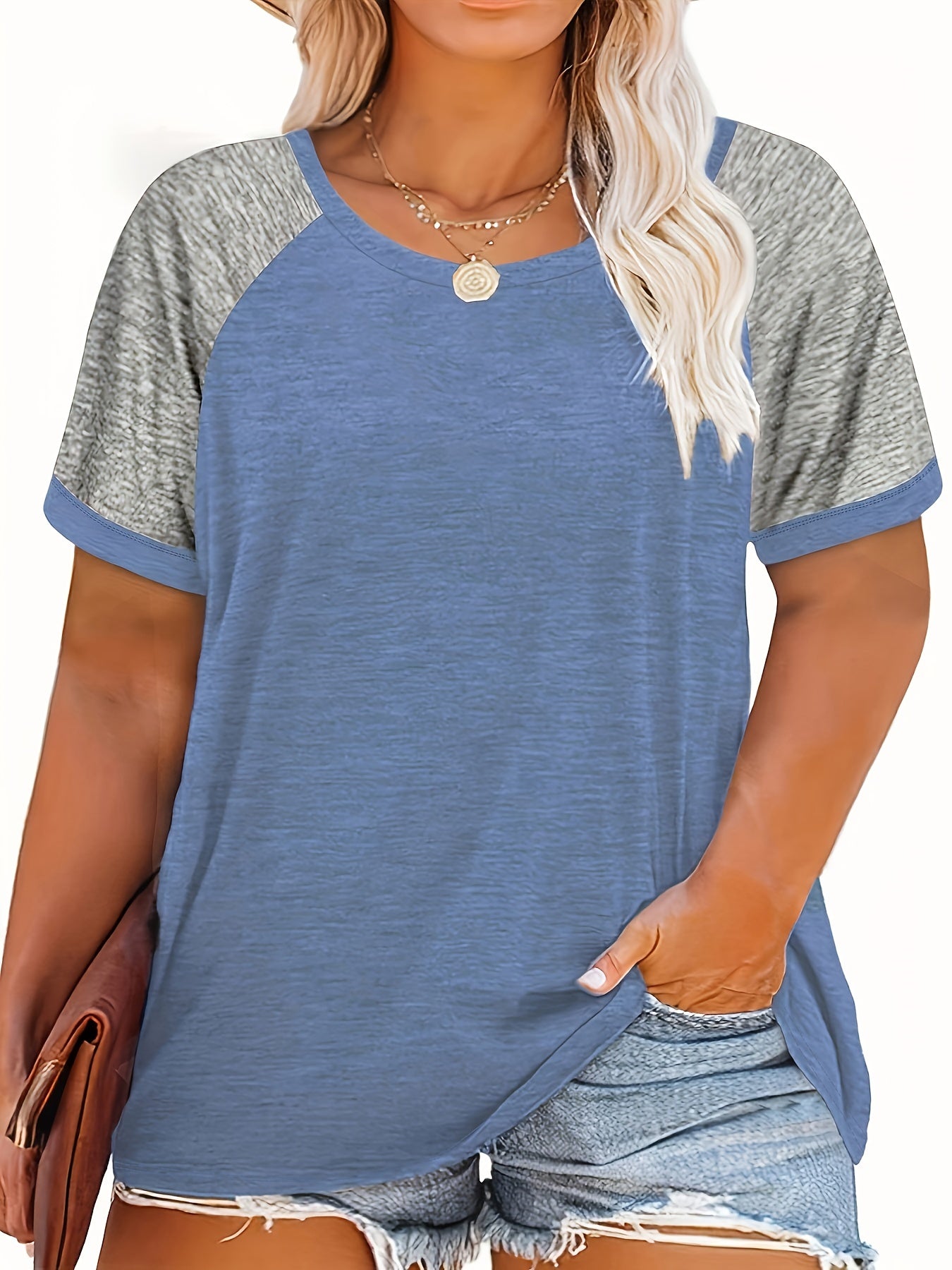 Plus Size Casual T-shirt, Women's Plus Colorblock Short Sleeve Round Neck Slight Stretch T-shirt