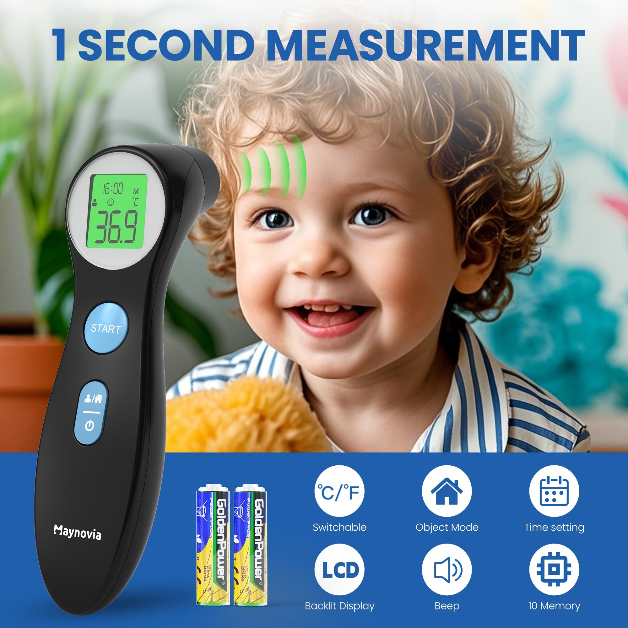 Maynovia Non-Contact Digital Infrared Thermometer for Adults and Children - 1 Second Quick Detection of Fever on Forehead and Ears with LCD Display, Battery Operated, 2 AAA Batteries Delivered, Ideal for Home Health Care
