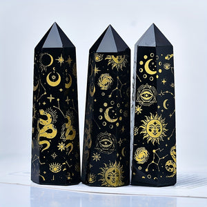 Black Obsidian Seven Main Chakras Symbolic Crystal Tower Healing Crystal The Seven Chakras Wand For Spiritual Use Hexagonal Point Reiki Chakra Gemsone Home Office Decoration