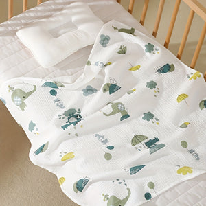 Soft Foldable Swaddle Blanket for Newborns - White with Green Elephant & Umbrella Print, Light Beige-Friendly Cotton, Perfect for Bath Time & Cuddling, Baby Blanket, Newborn Care, Playful Print, Wrinkly Texture