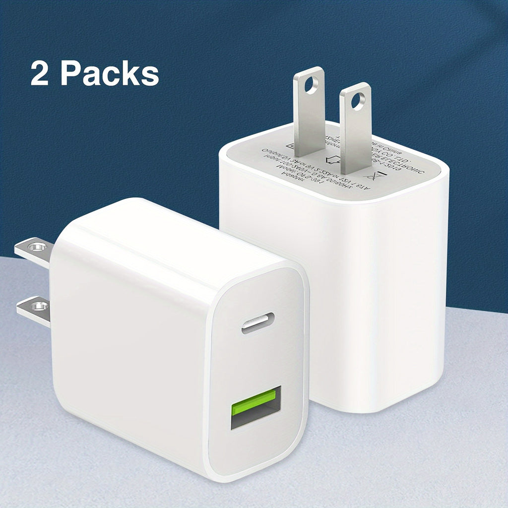 2pcs White Fast Charger For Iphone 20w Power Adapter Wall USB Type C Port Fast Plug Fast Charging With Data Cable Suitable For IPhone Tablet