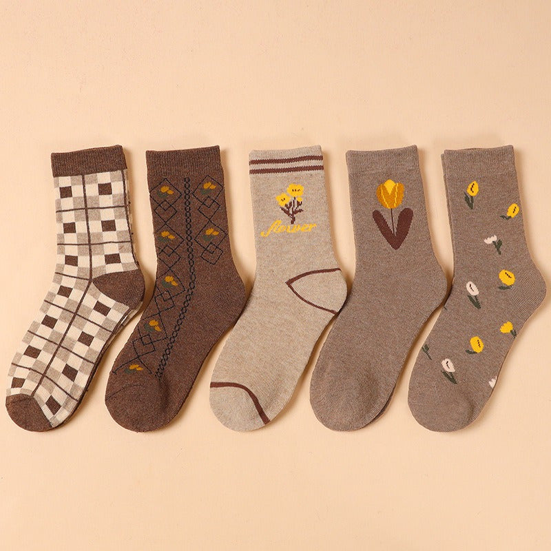 10 Pairs Velvet Thickened Warm Terry Cotton Socks for Women - Cute Medium Tube Casual Stockings, Cotton Blend, Knit Fabric, All-Season, Machine Washable