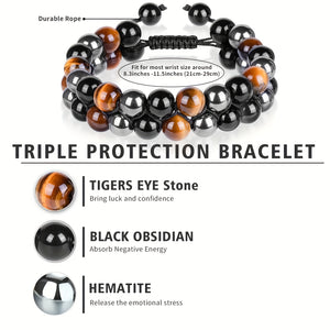 Triple Protection Bracelet, Tiger Eye Stone Hematite And Black Obsidian Natural Stone Beads 8mm Bracelets For Men