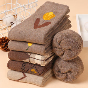 10 Pairs Velvet Thickened Warm Terry Cotton Socks for Women - Cute Medium Tube Casual Stockings, Cotton Blend, Knit Fabric, All-Season, Machine Washable
