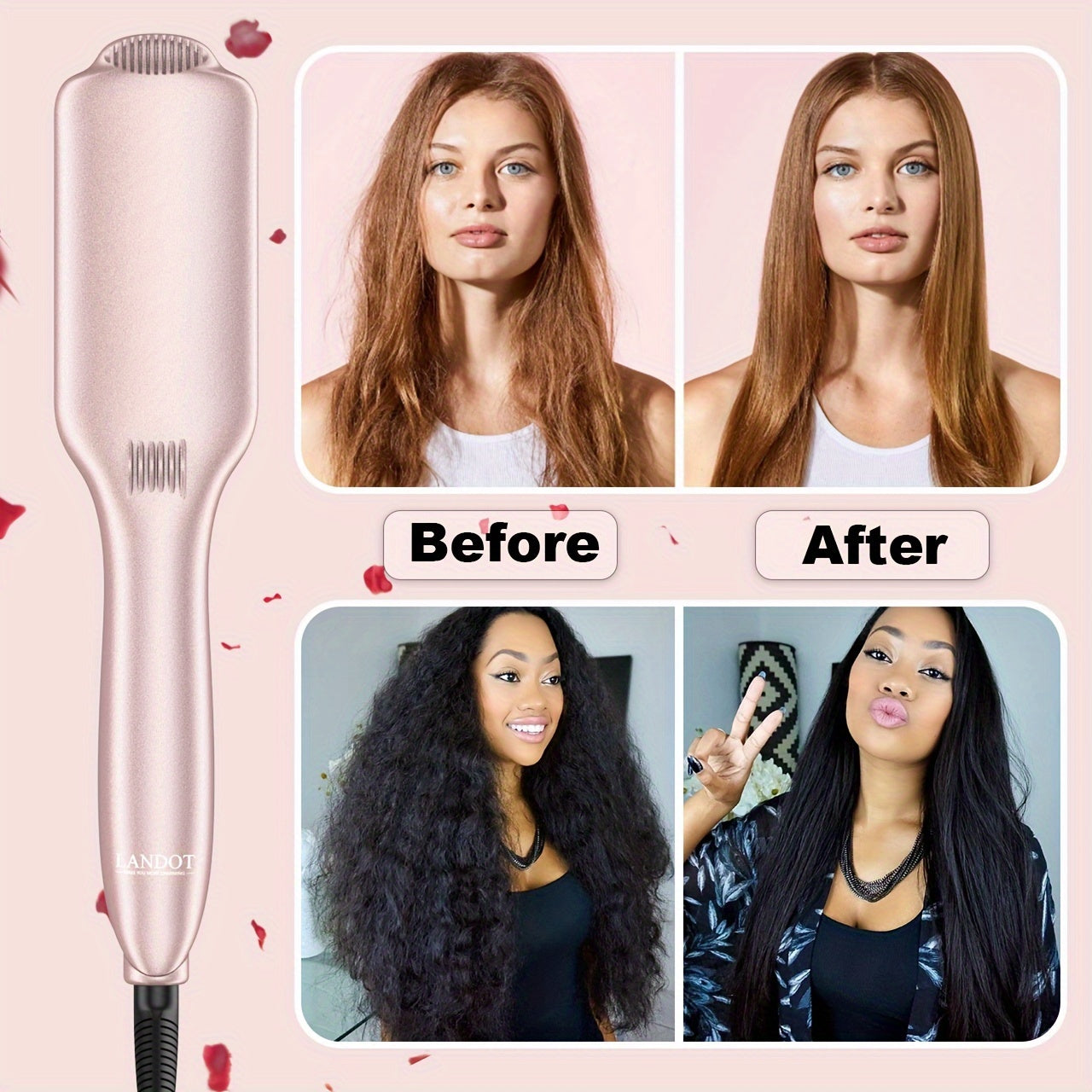 LANDOT Hair Straightener Brush Heated Straightening Brush: Rose Golden Negative Ion Hot Hair Brush For Smooth Frizz Free Hair - Ceramic Flat