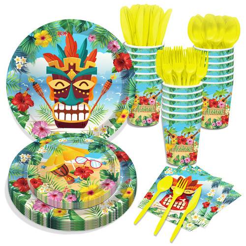 Hawaiian Paper Plate Leaf Flower Party Plates Napkins Party Supplies 68PCS Set US Local Shipping