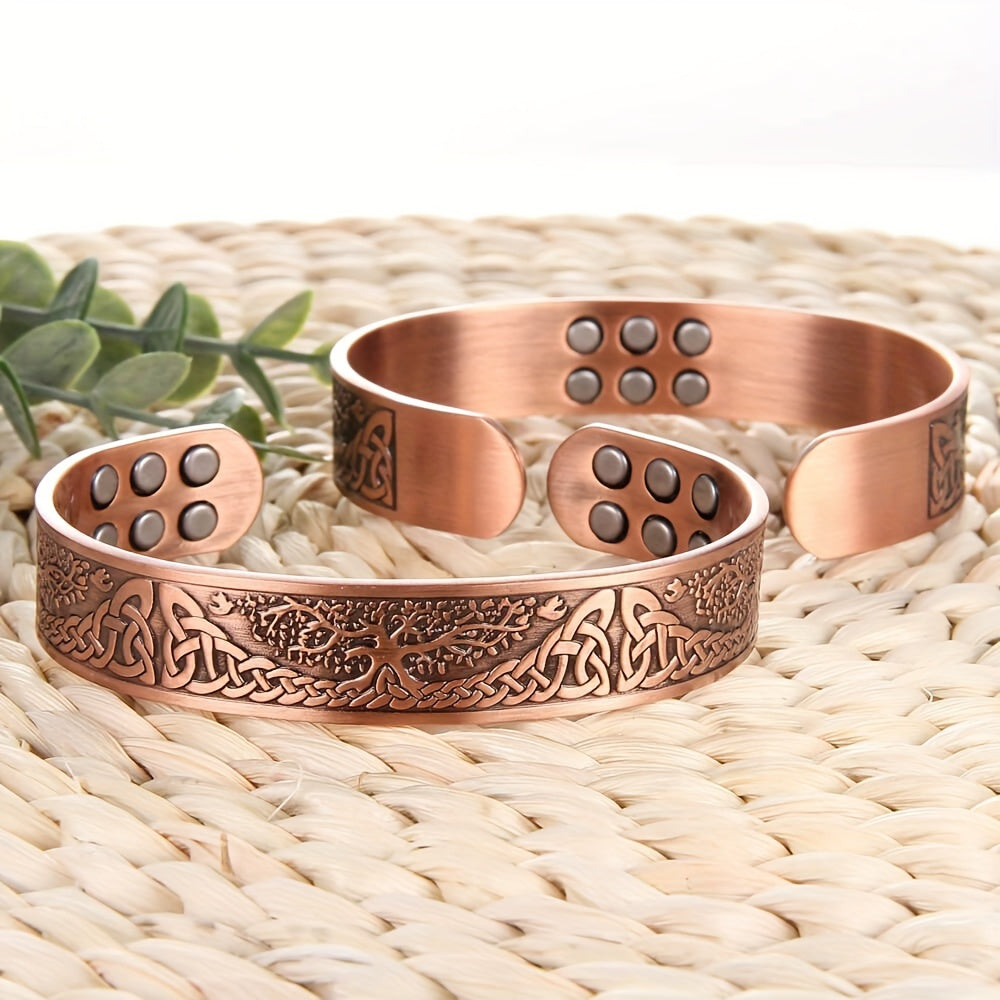 1pc 99.99% Pure Copper Magnetic Bracelet, Life Of The Tree Carving Cuff Bangle With 18 Magnets, Adjustable Size