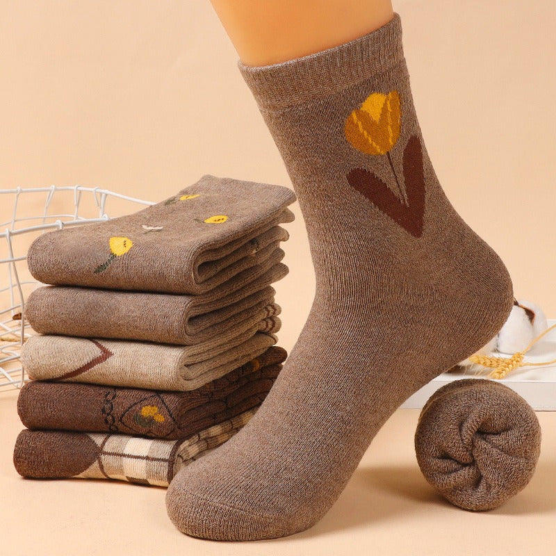 10 Pairs Velvet Thickened Warm Terry Cotton Socks for Women - Cute Medium Tube Casual Stockings, Cotton Blend, Knit Fabric, All-Season, Machine Washable