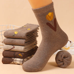 10 Pairs Velvet Thickened Warm Terry Cotton Socks for Women - Cute Medium Tube Casual Stockings, Cotton Blend, Knit Fabric, All-Season, Machine Washable