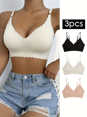 3-Piece Chic Wavy Trim Bralettes - Seamless & Breathable for Daily Comfort | Wireless Intimates Set - Everyday Elegance