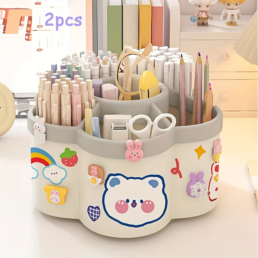 360-Degree Rotating Desk Organizer Set (1-Pack/2-Pack) - Cute Multi-Functional Stationery Holder with Large Capacity - PVC Round Pen & Art S