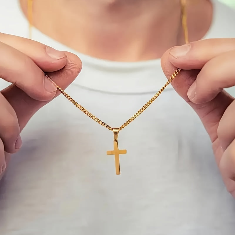1 Men's Fashionable Cross Pendant Necklace, Plated With 18K Golden Cuban Chain, Stainless Steel Men's Minimalist Casual Necklace