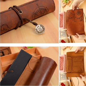 Vintage Retro Treasure Map Luxury Roll Leather Make Up PU Cosmetic Pen Pencil Case Pouch Purse Bag For School HOT