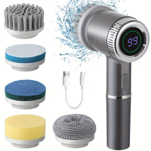 [Rechargeable Spin Scrubber] Rechargeable Electric Spin Scrubber - 6 Replaceable Heads, 3 Adjustable Speeds, Battery Level Display - Electric Cleaning Brush for Tiles/Bathroom/Kitchen/Car/Window