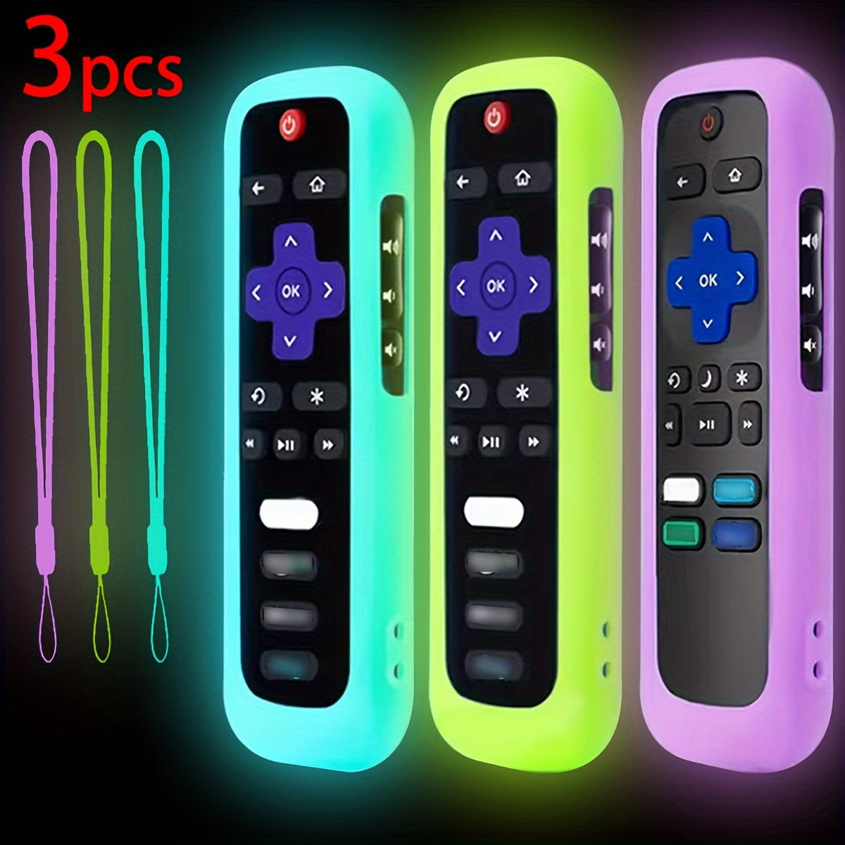 1pc/2pcs/3pcs Glow-in-the-Dark Silicone Remote Cover with Lanyard for Roku TV Remote Control - Universal Silicone Sleeve Case for TCL Hisense, Roku TV Streaming Stick, 4K+/ 4K Voice Remote