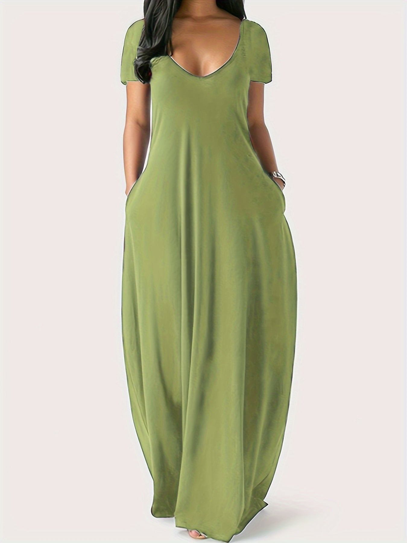 Elegant & Versatile Maxi Dress - Short Sleeve, Pockets, Mid-Elasticity for Women, Ideal for Spring to Fall