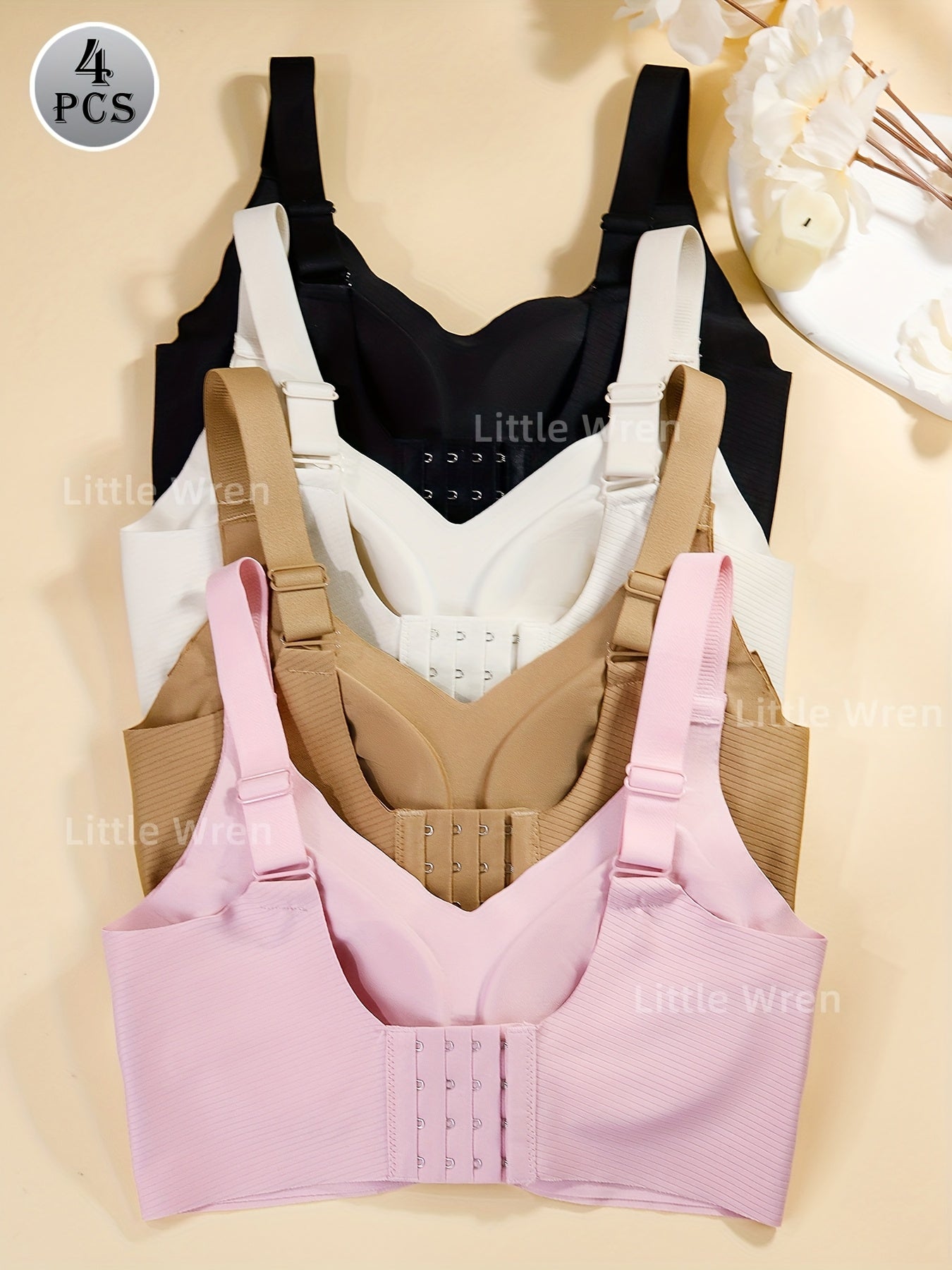 4pcs Seamless Bralettes for Women - Elegant Nylon & Elastane Blend, Comfortable Wide Straps, Soft Support, No Underwire - Available in Beige, White, Black, Casual Lingerie|Wide Strap Bra|Wirefree Comfort